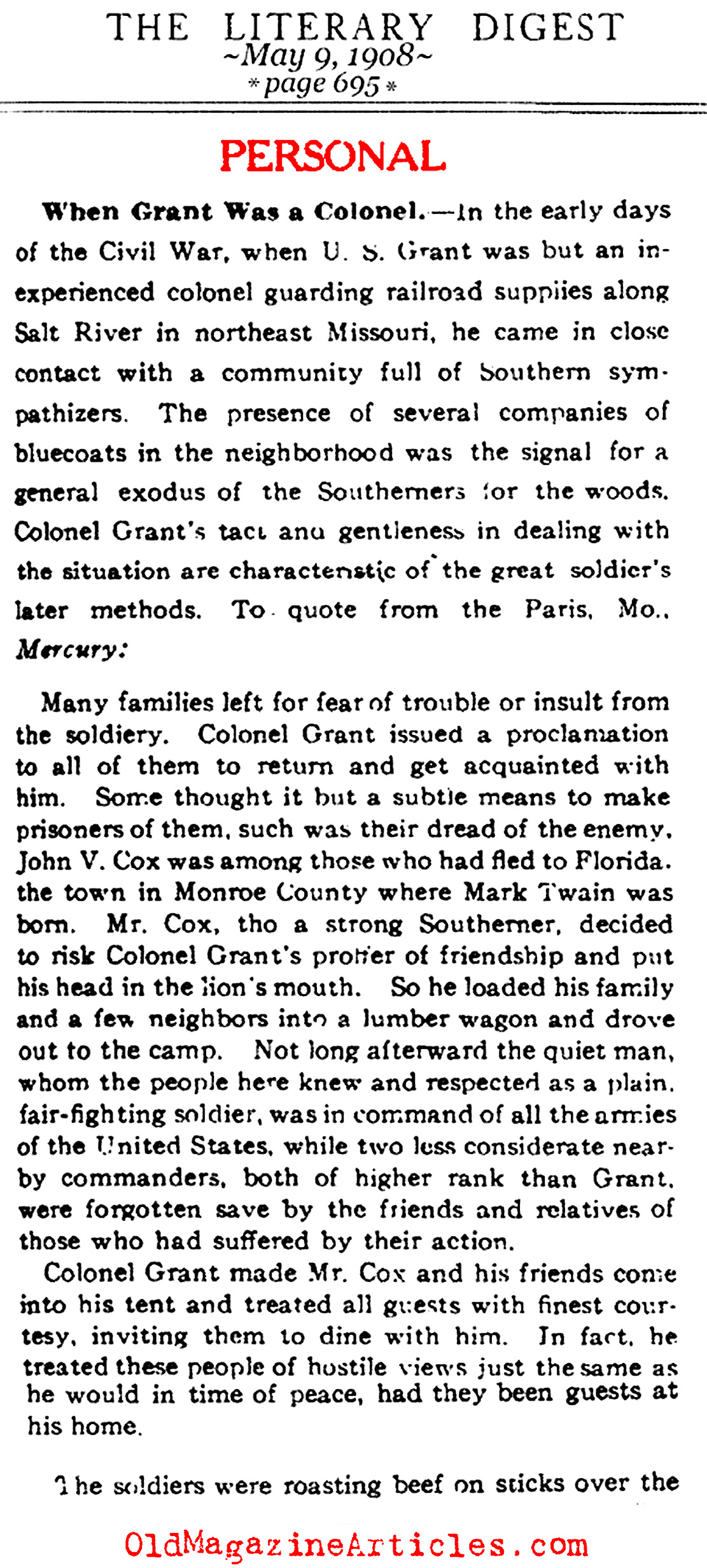 When Grant was a Colonel (Literary Digest, 1908)